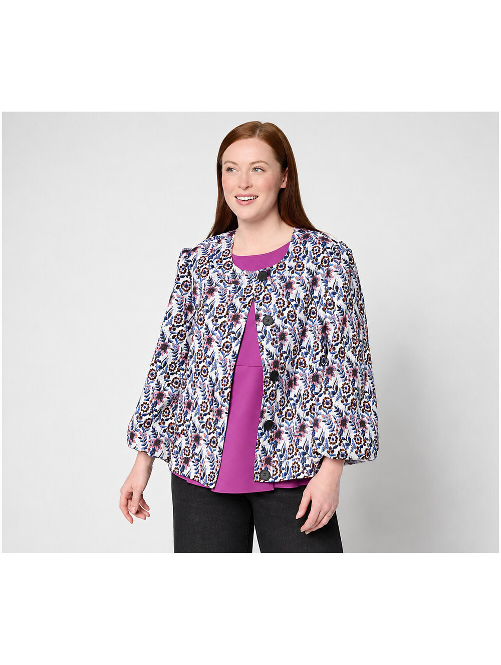 by Stacy London Grand Dame Floral Jacquard Bubble Sleeve Jacket Floral Multi, XS